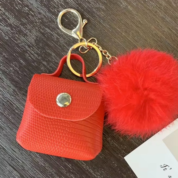 The Unbranded Brand Accessories - Red Mini Pouch Bag Charm with Fur Pom Pom
